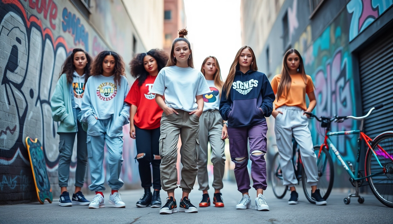 Women’s streetwear 2025 showcased in a vibrant urban scene featuring diverse stylish outfits.