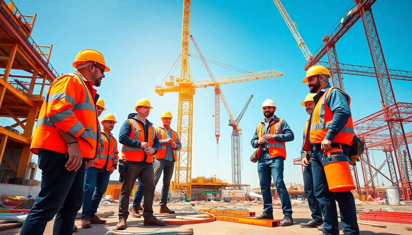 Construction association members actively collaborating on a busy job site.
