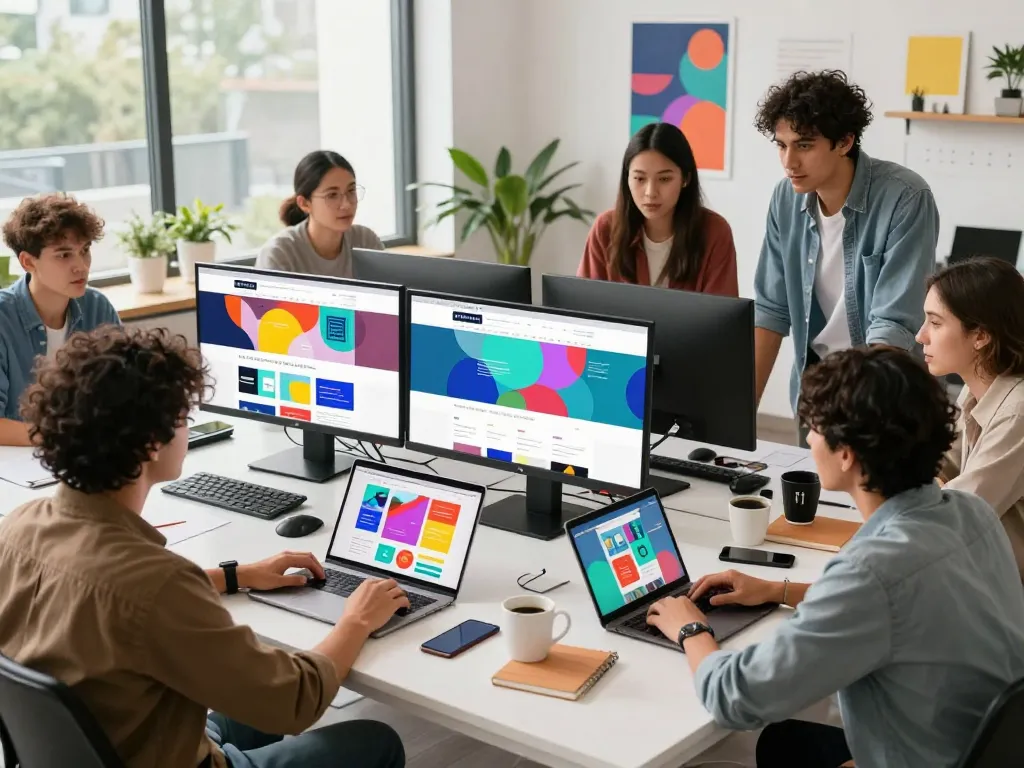 Creative team collaborating on e-commerce website design near me, showcasing vibrant office space and modern digital solutions