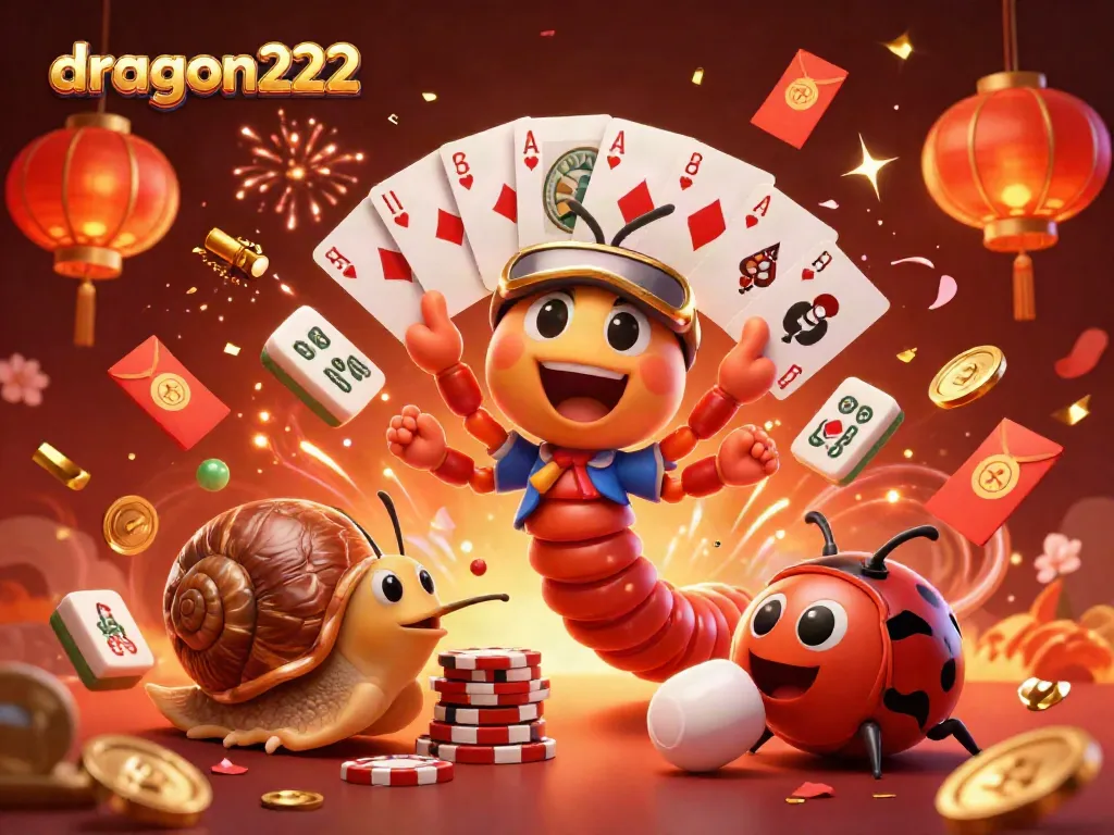 Experience the thrill with dragon222 as a snail high-roller pushes chips amidst winning cards and festive elements.
