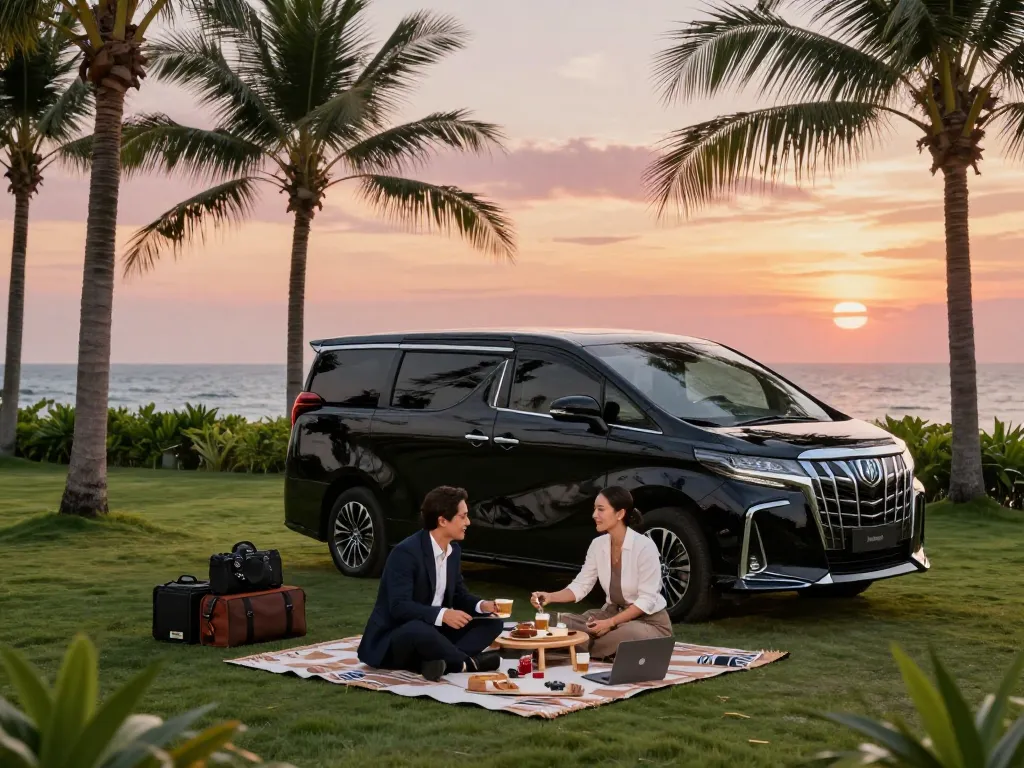 Trải nghiệm sự sang trọng với thuê xe Alphard tại Hồ Chí Minh, bao gồm một chiếc Toyota Alphard thời thượng tại một địa điểm ven biển đẹp.