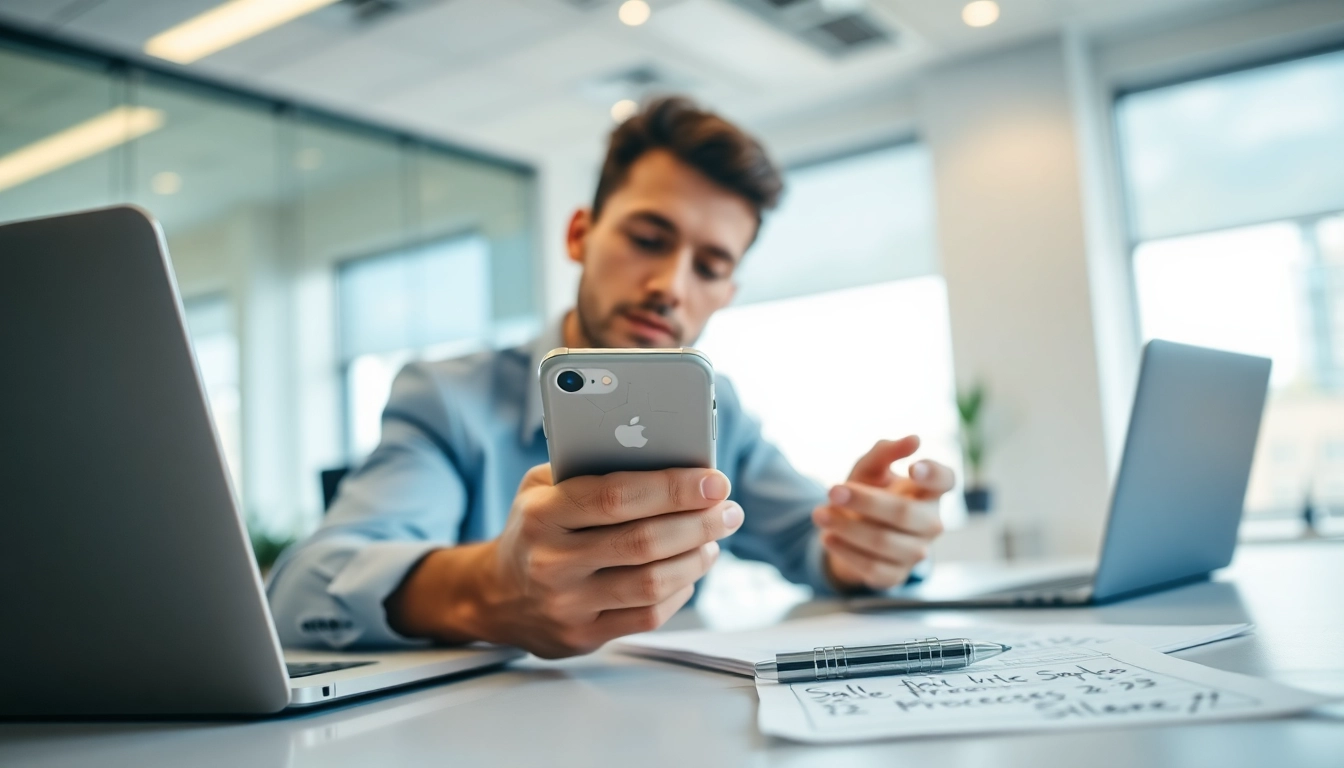 Sell cracked phone with a professional examining a damaged smartphone at a desk.