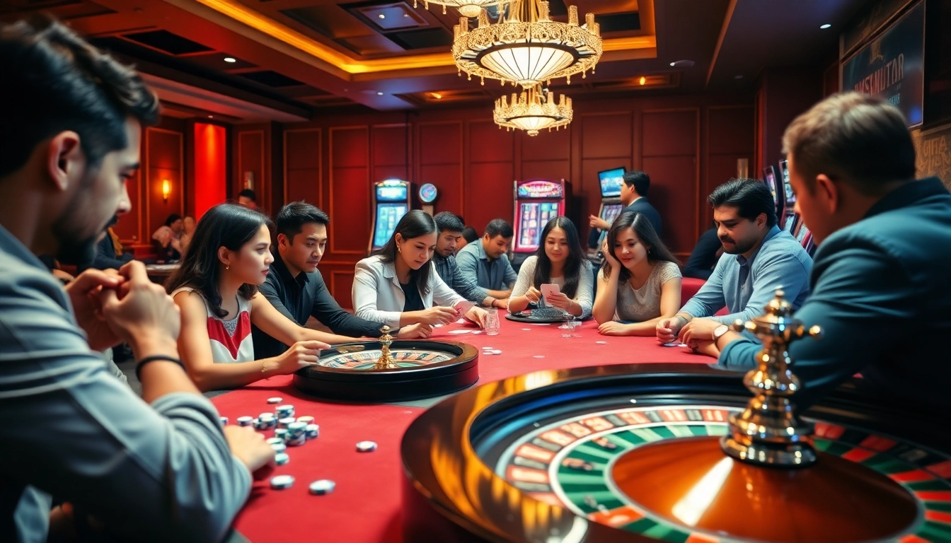 Experience the thrill of a casino at https://mm88.directory/ with players enjoying an intense poker game and a sparkling roulette wheel.