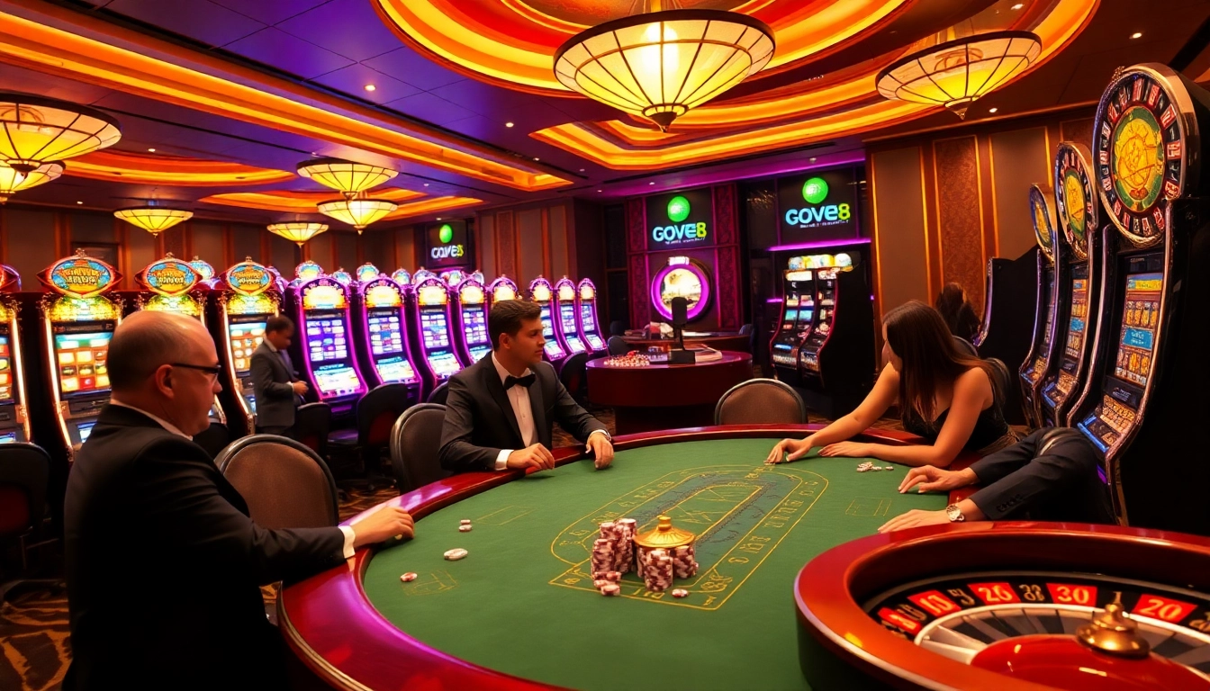 Experience the excitement of GO8 gaming with vibrant casino tables and players enjoying high-stakes games.