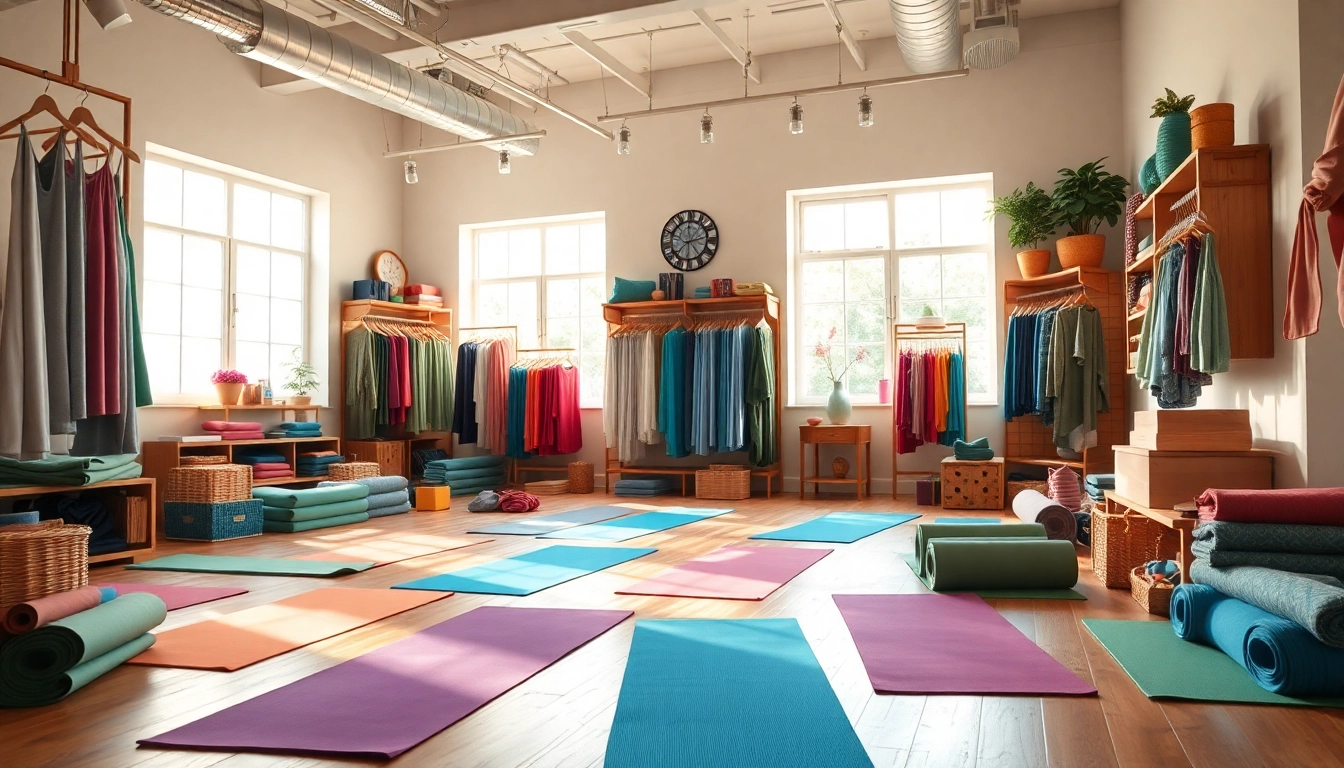 Shop quality products at our Yoga Shop with colorful mats and accessories in a cozy studio.