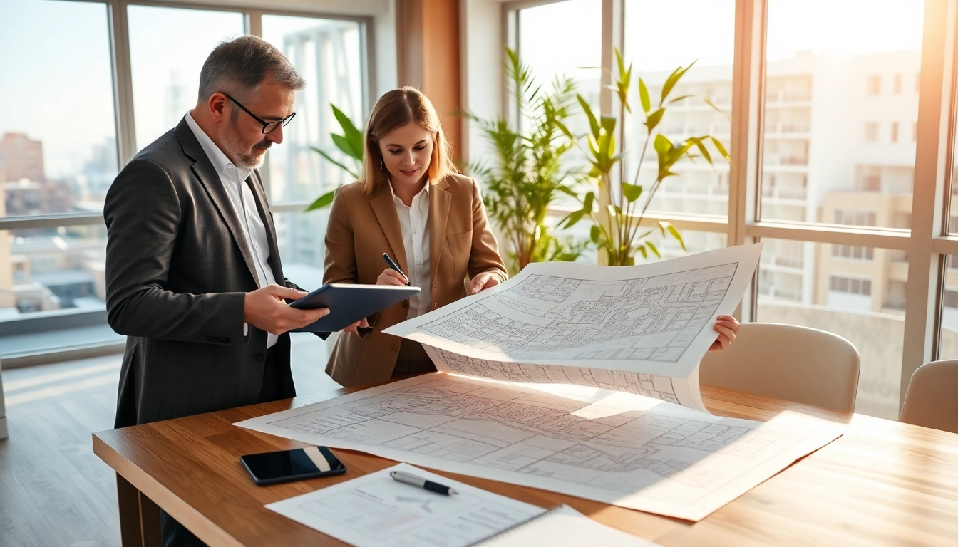 Visualize town planners collaborating at https://2020group.co.za with detailed zoning maps and a bright office.
