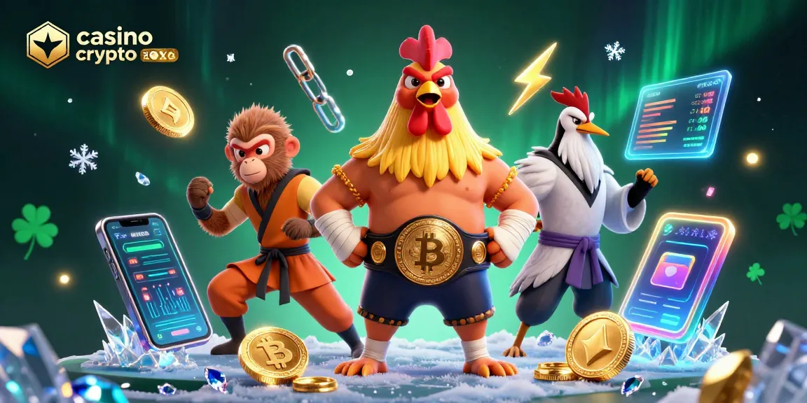 Illustration captivante de casino crypto sans KYC 2026, mettant en scène des personnages 3D dans une ambiance dynamique et festive.