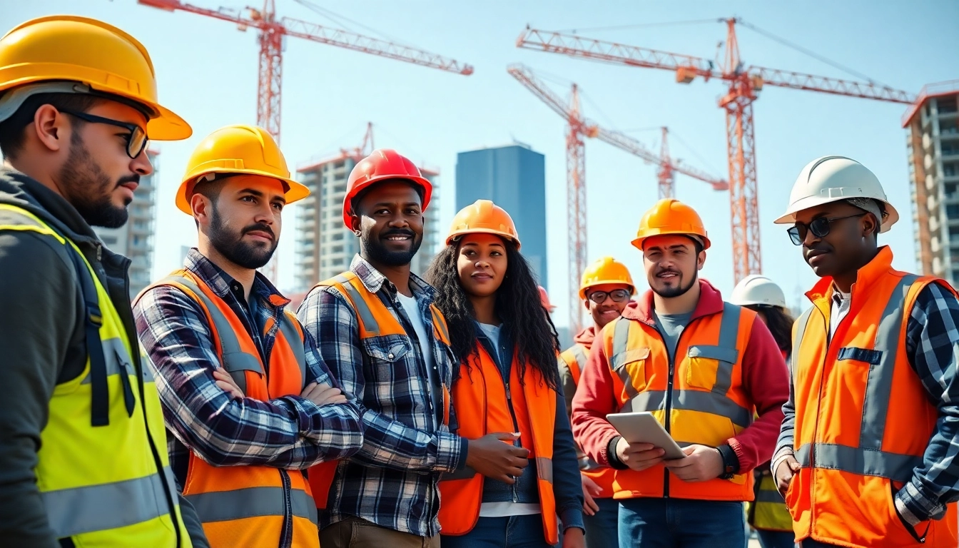 Engaged learners in construction training programs practicing on-site with safety gear in a vibrant environment.
