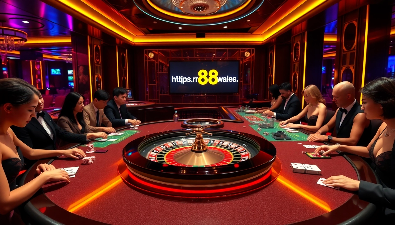 Engaging players at a roulette table in a luxurious casino setting representing https://rr88.wales/