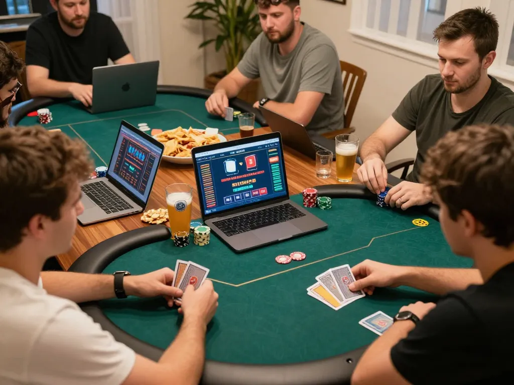 Players engaging in strategic online poker gameplay at home, featuring PG88 interface.