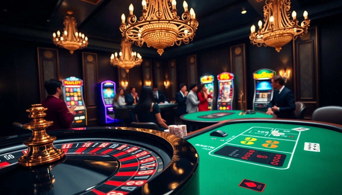 Play in the vibrant casino scene showcasing BJ38's excitement with poker chips and roulette.