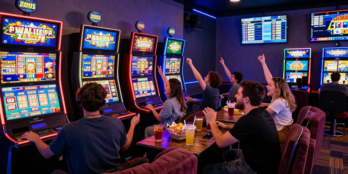 Exciting gaming lounge with players at slot gacor machines celebrating wins in vibrant neon atmosphere