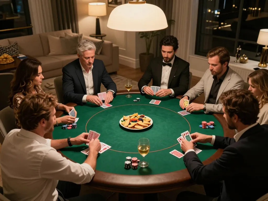 BUKA77 players engaging in a strategic poker game in a luxurious home environment.