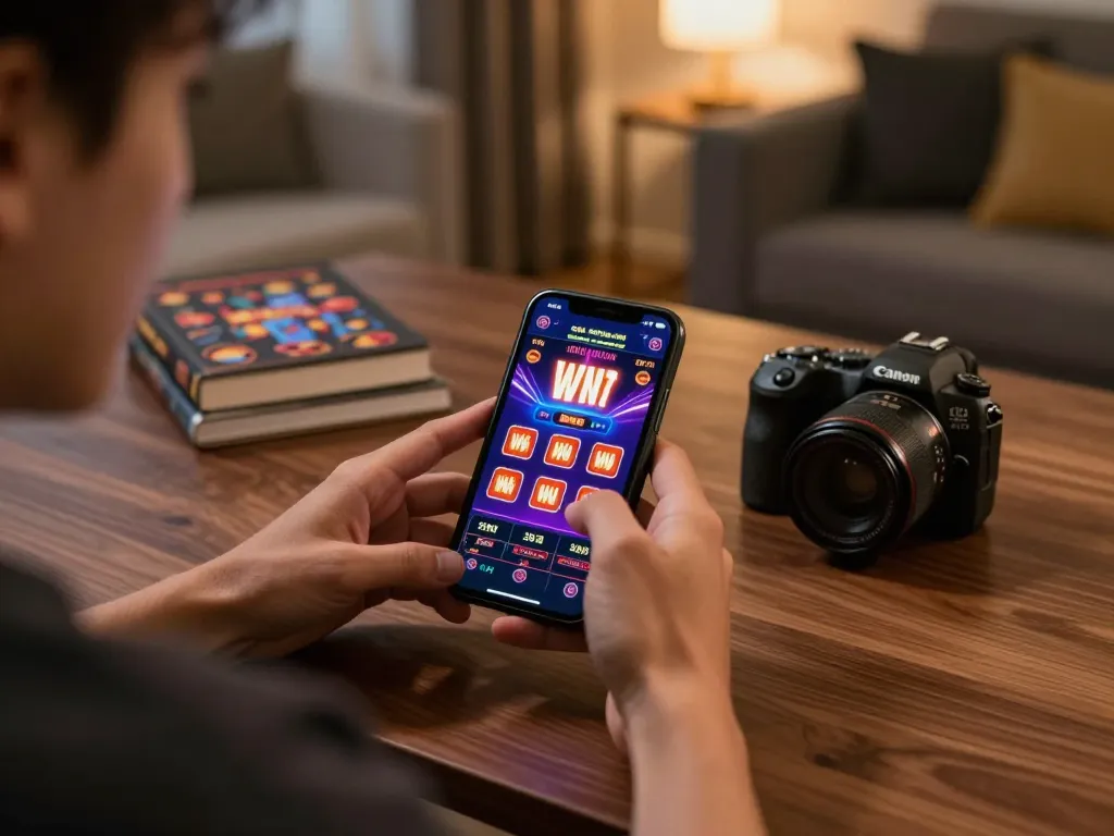 Engage with link slot gaming on smartphone in a stylish home setup.