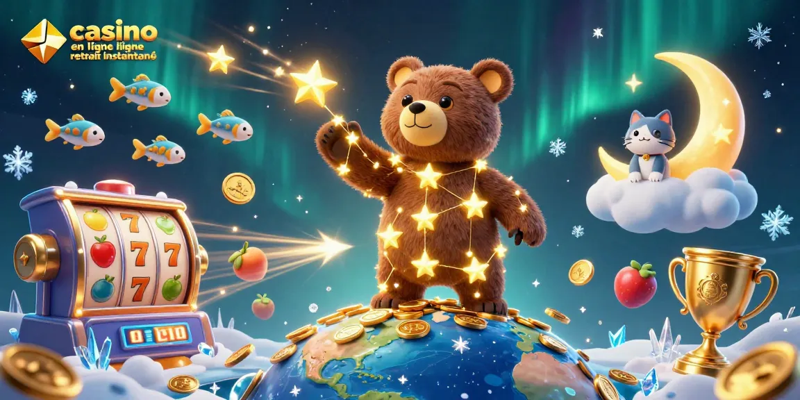 Illustration joyeuse de casino en ligne retrait instantané avec un ours constellation et des symboles de machines à sous.