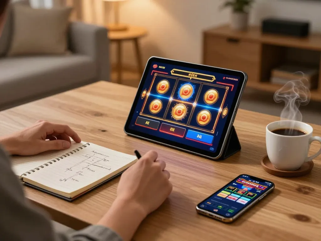 Player immersed in online gaming with Link Gaco displayed on tablet, showcasing home entertainment