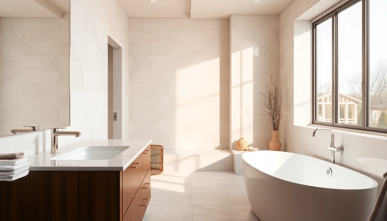 Showcasing a stylish bathroom remodeling service with modern fixtures and elegant design details.