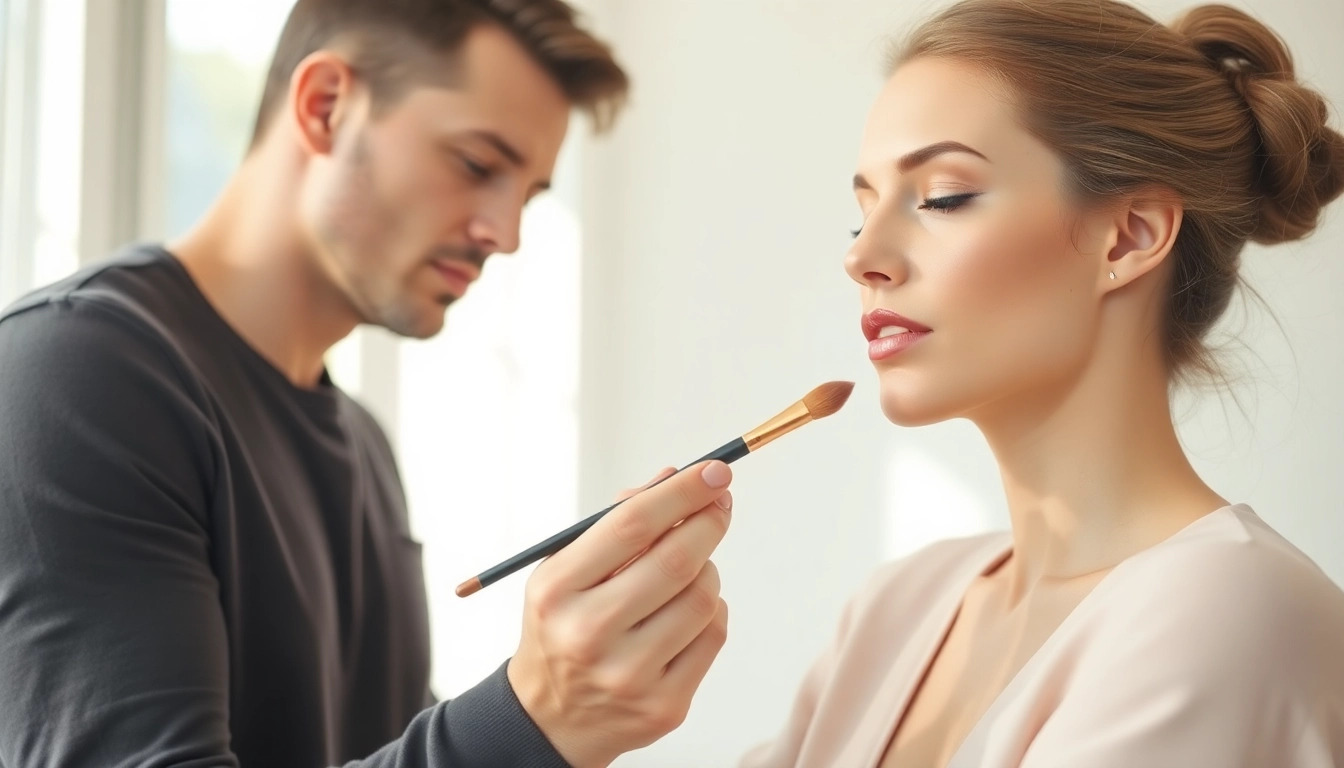 Applying lip blending brush techniques for perfect lip color blending in makeup artistry.