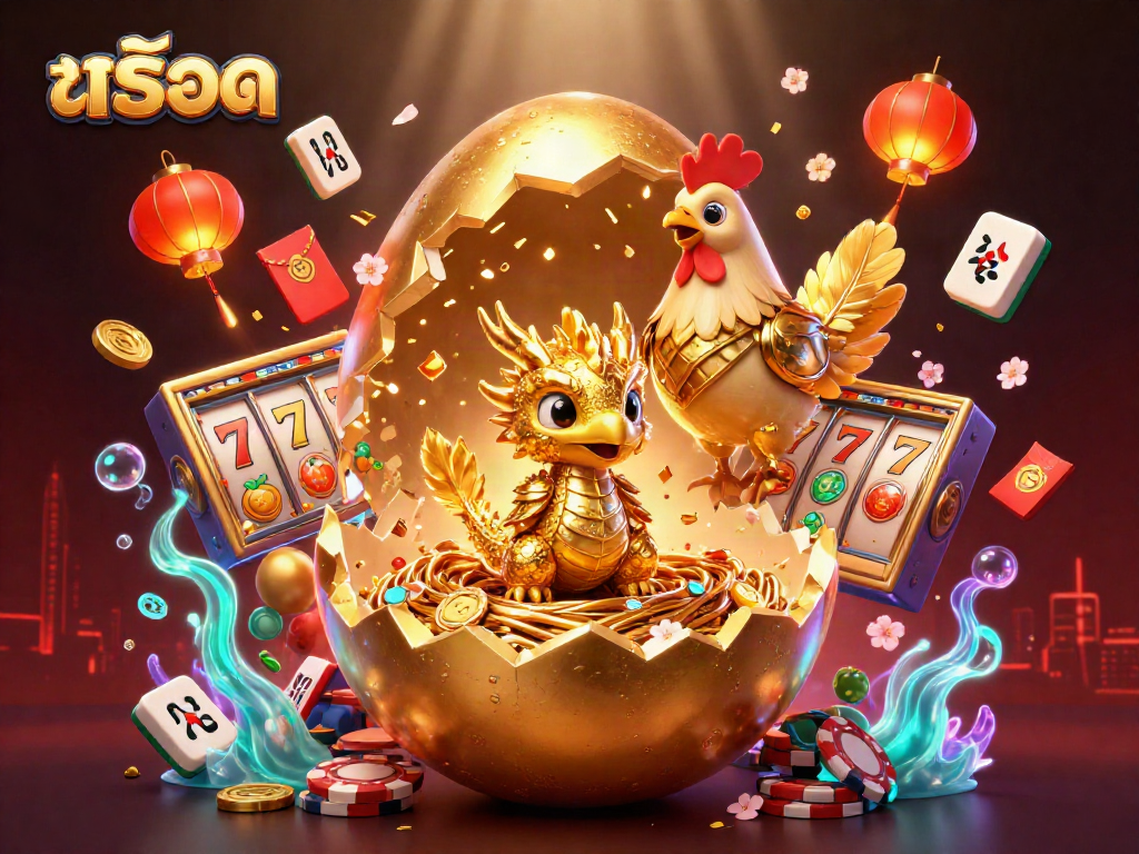 Engage with exciting สล็อต slots, featuring a golden egg and baby dragon amid colorful gaming elements.