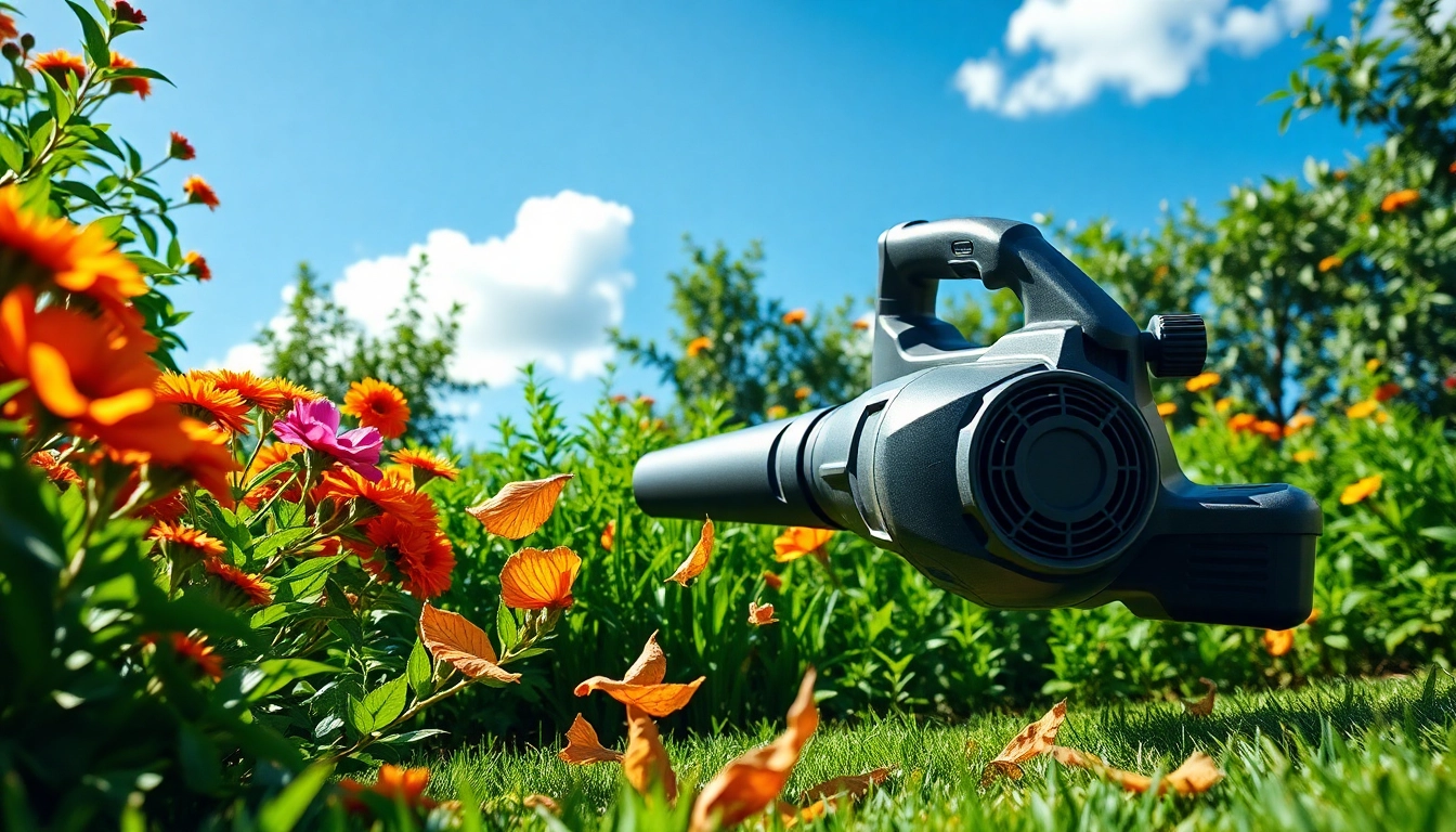 Electric leaf blower efficiently clearing leaves in a vibrant garden setting.