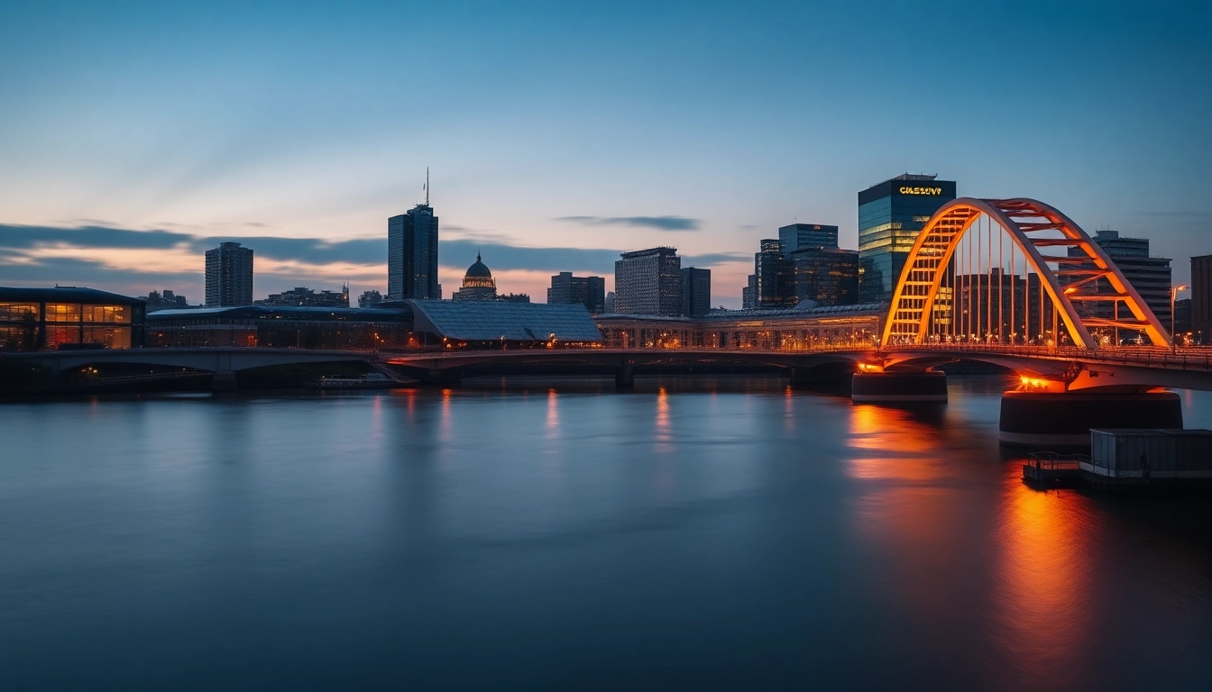 View of Glasgow cityscape at twilight with River Clyde, highlighting https://diknews.co.uk/glasgow-news/ for a captivating atmosphere.