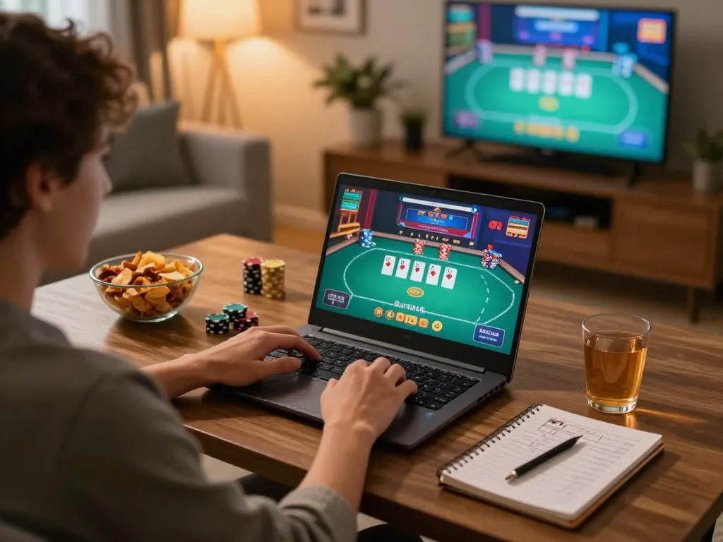 Engaging in online casino gameplay at home with jilipinas on a laptop, showcasing responsible gaming.