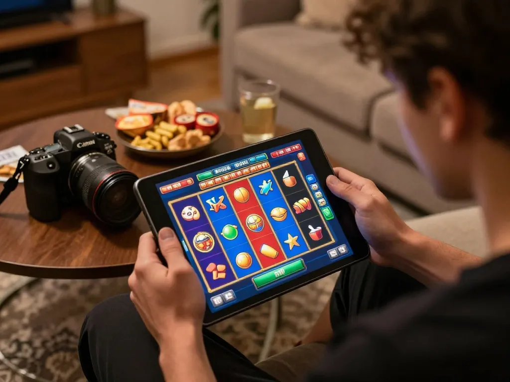 Player engaging with a เว็บสล็อต game on a tablet in a cozy living room