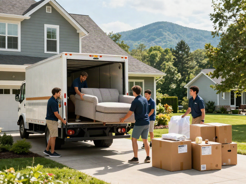 Ashville moving company team efficiently loading furniture into a truck in a picturesque Asheville neighborhood, showcasing professionalism and teamwork.