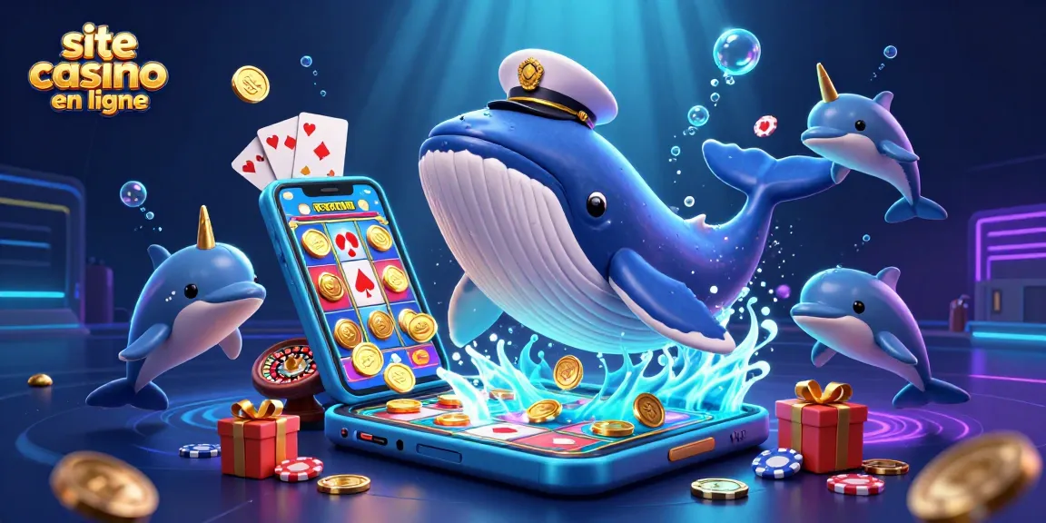 Le site casino en ligne en action avec un baleinot en capitaine et des dauphins jonglant avec des jetons.