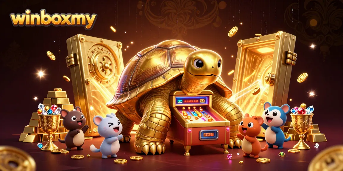 Experience gaming excitement at winboxmy with vibrant casino elements and a dynamic golden tortoise illustration.