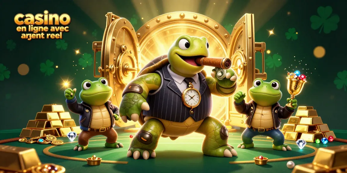 Illustration de casino en ligne avec argent réel, mettant en scène une tortue massive en costume, des grenouilles en blouson et des joyaux scintillants.