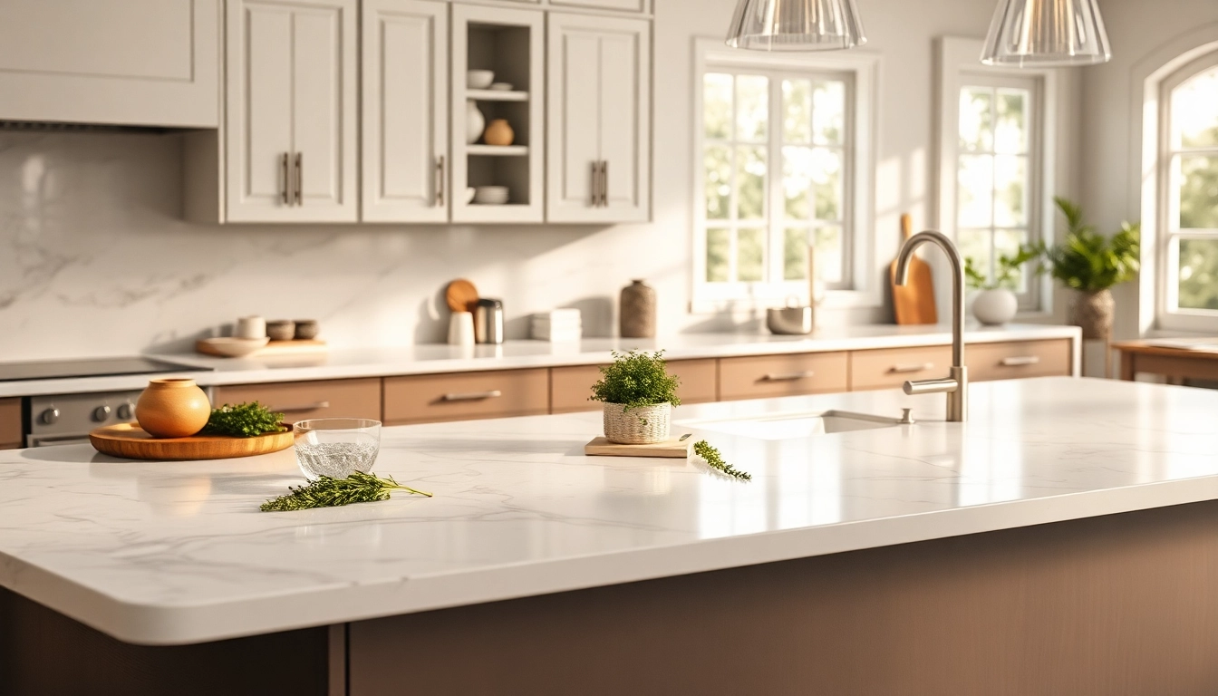 Admire the elegant Caesar Stone Quartz countertop highlighted in a stunning kitchen setting.
