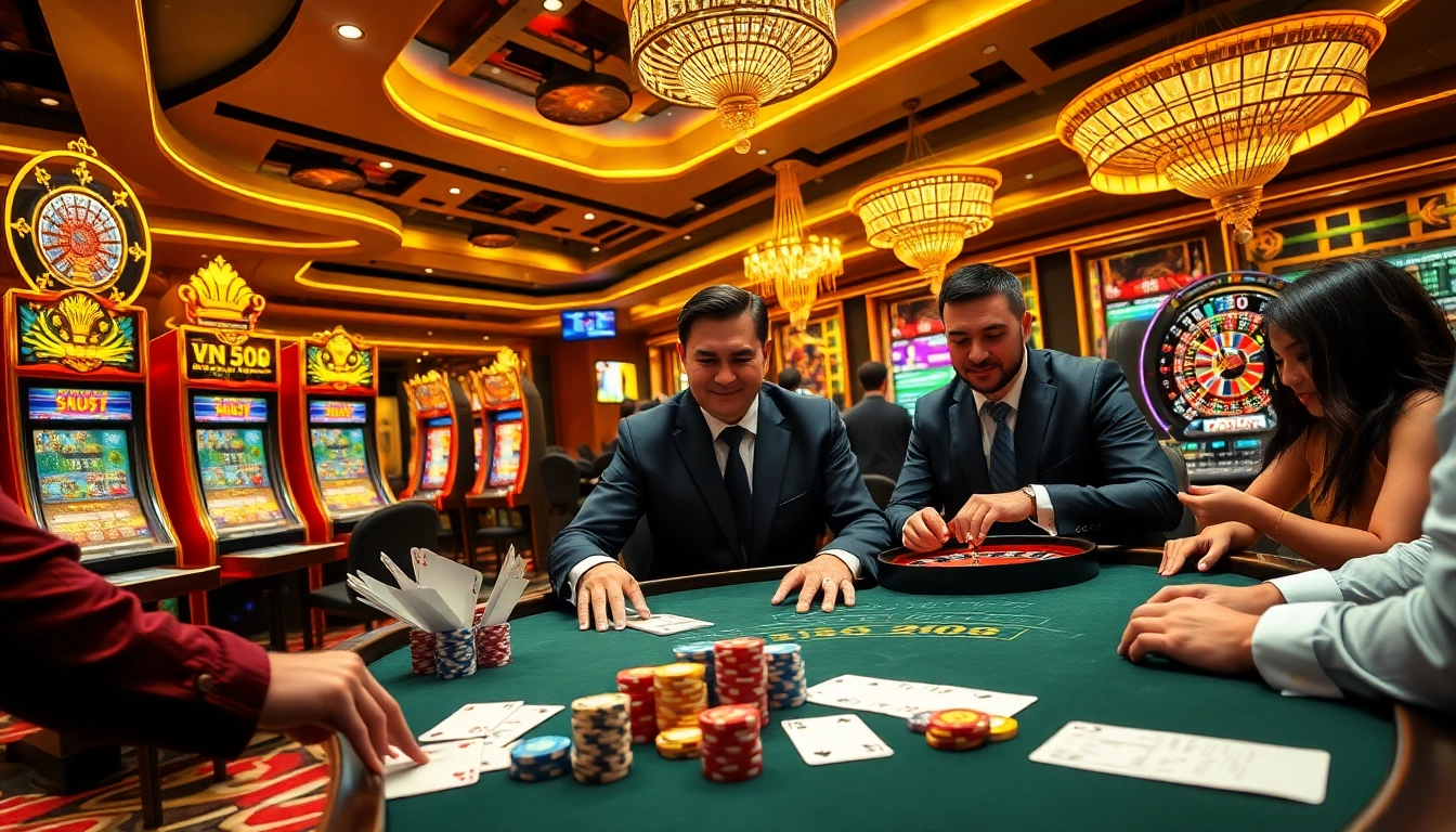 Experience the thrill of Đăng Nhập XN88 at a vibrant casino featuring poker tables and slot machines.
