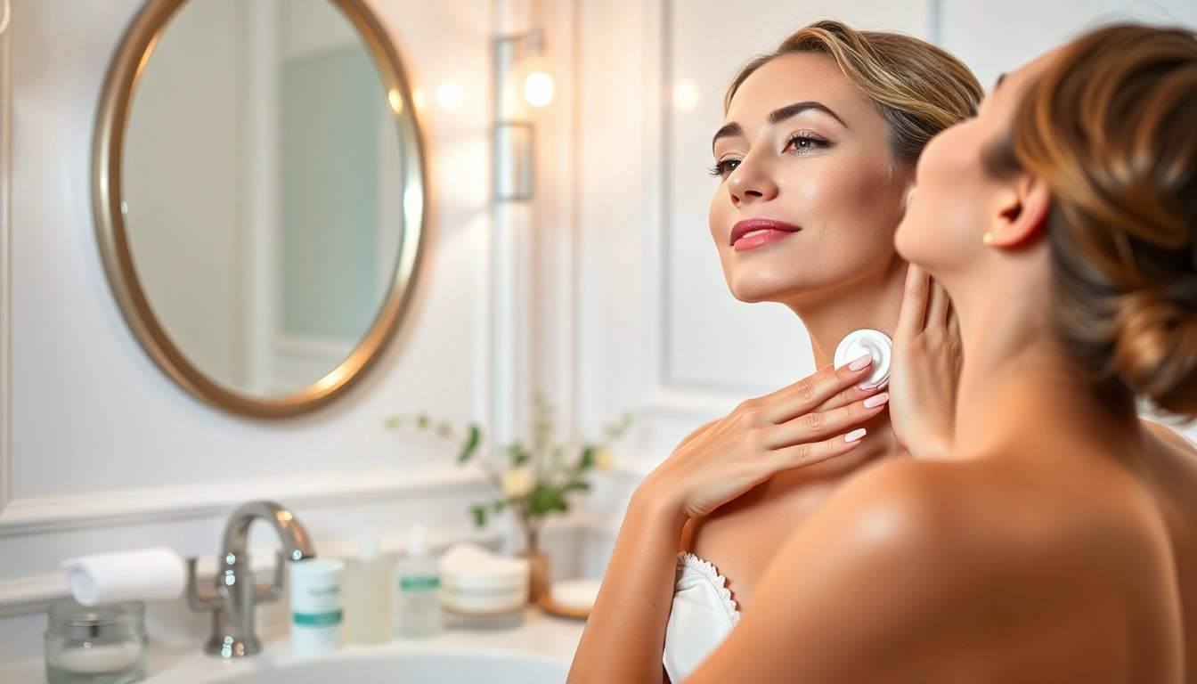 How to tighten neck skin: A woman applying cream in a serene bathroom setting.