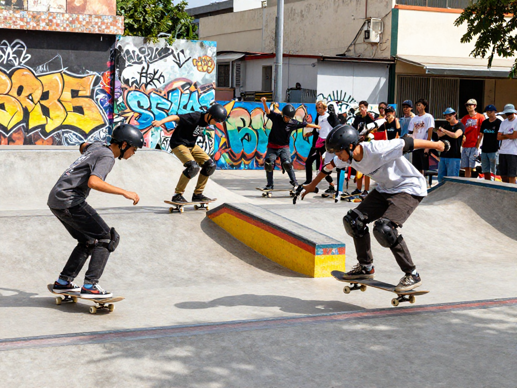 Skateboarding tricks in action with Motchill streetwear in vibrant urban setting.