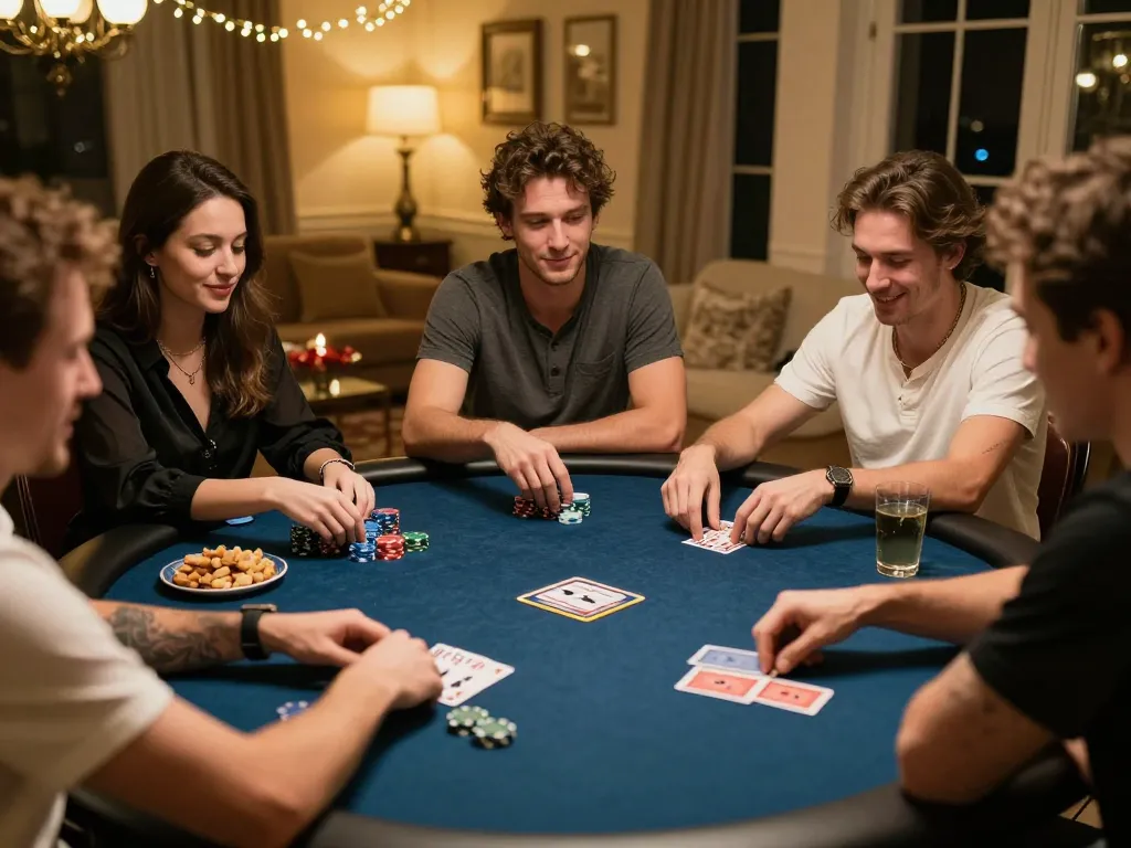 Players in an engaging poker game showcasing strategy and camaraderie at home, highlighting the excitement of 8kbetbh.