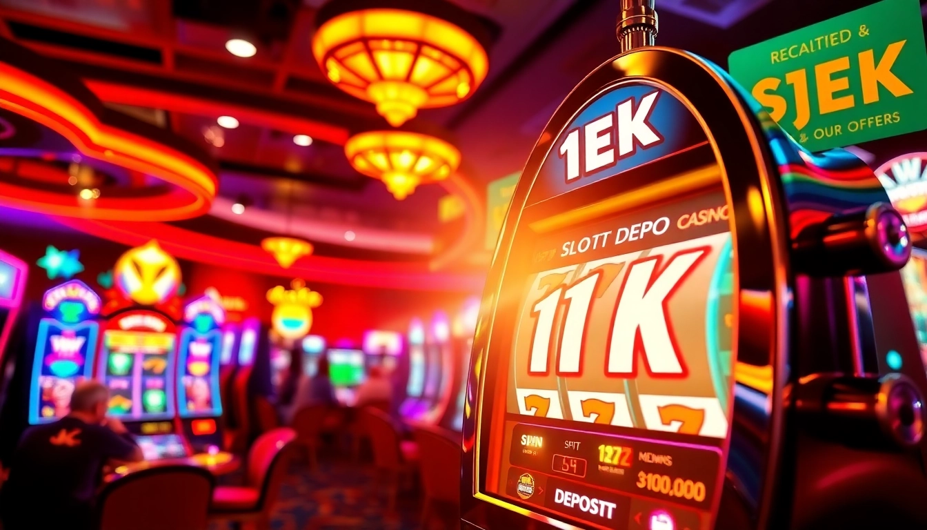 Menampilkan slot depo 1k yang menarik dengan mesin slot cerah dan pemain yang antusias.