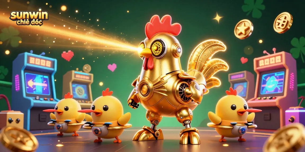 sunwin chính thức features a lively scene with a golden rooster robot and colorful arcade games