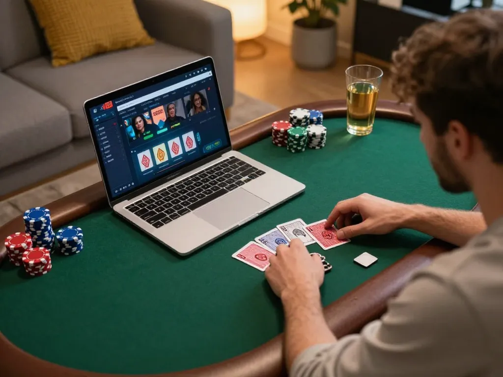 Engaging online gaming scene showcasing tg88 poker gameplay with cozy home ambiance