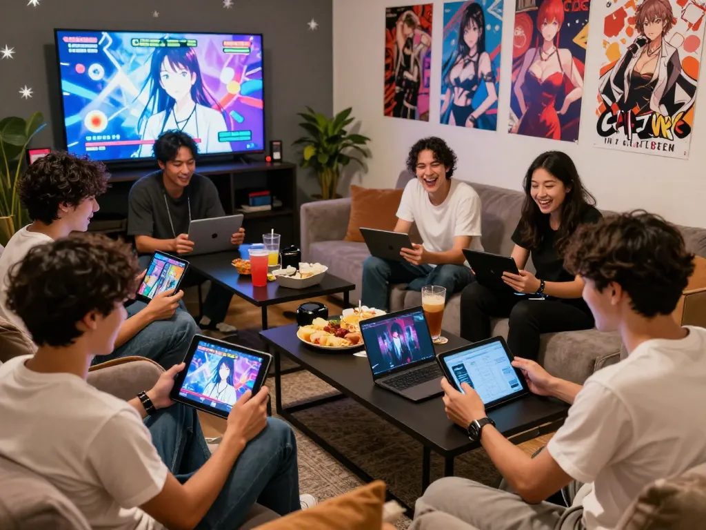 Players enjoying free sex games in a cozy gaming lounge with tablets and laptops.