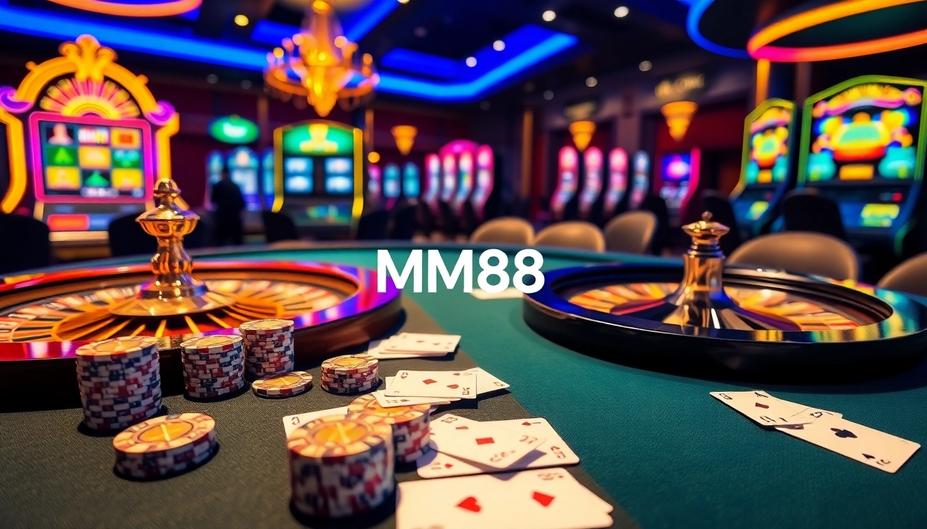 Engage with the vibrant world of MM88 at a luxurious casino table filled with chips and cards.