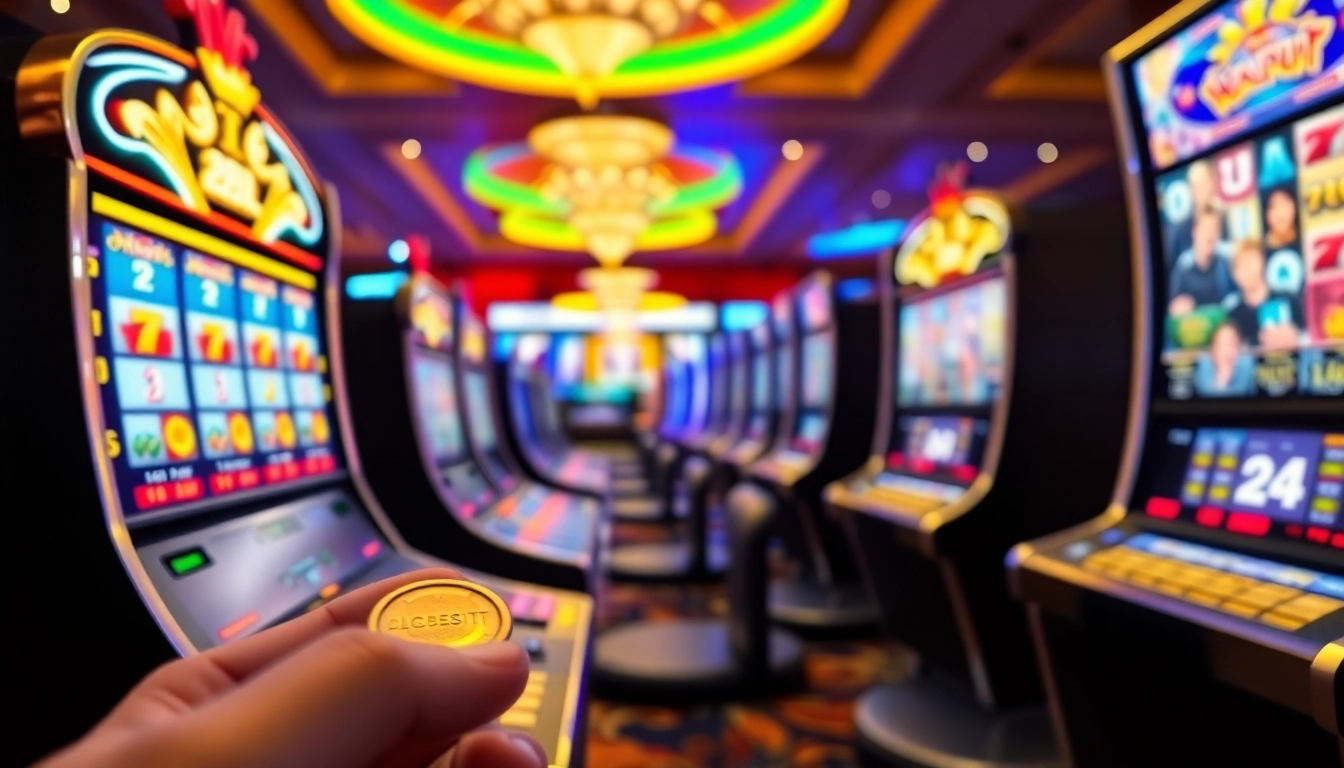 Slot depo 1k menampilkan suasana permainan kasino dengan mesin slot yang cerah dan menarik.