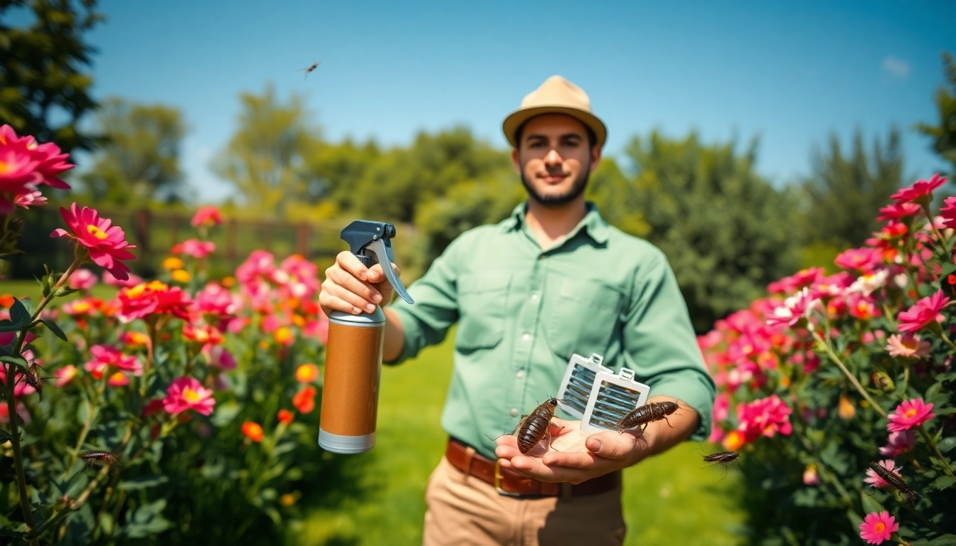 Expert earwig exterminator holds tools amidst a vibrant garden, ready to eliminate pests.