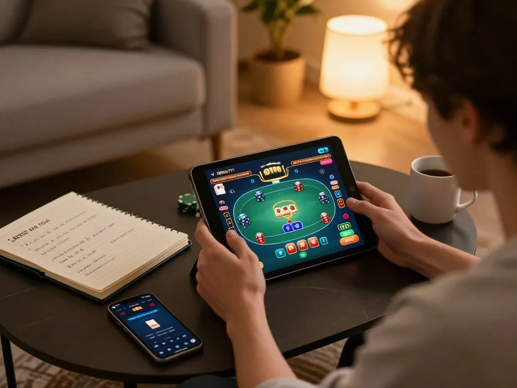 Engaging online gaming scene showcasing a player focusing on 789win777 poker game on a tablet.