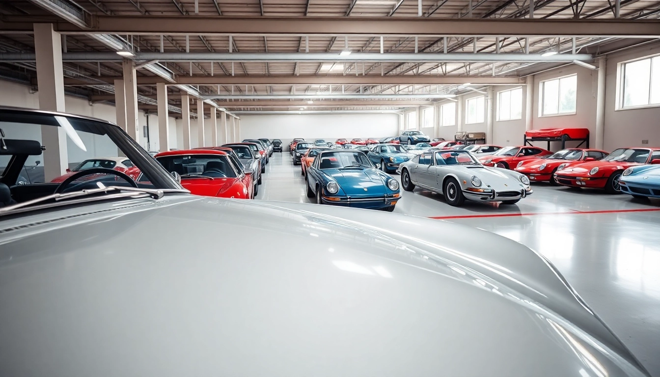 Showcasing classic car storage with rare vintage cars in a well-lit facility.