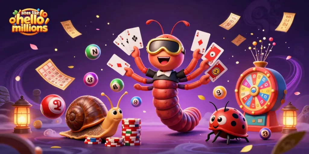 Win big at sites like Hello Millions, featuring vibrant gaming characters and lively casino elements.