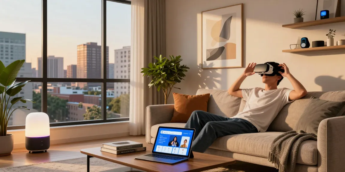 A person enjoying a Motchill experience in a modern urban apartment with VR headset, stylish decor, and city views.