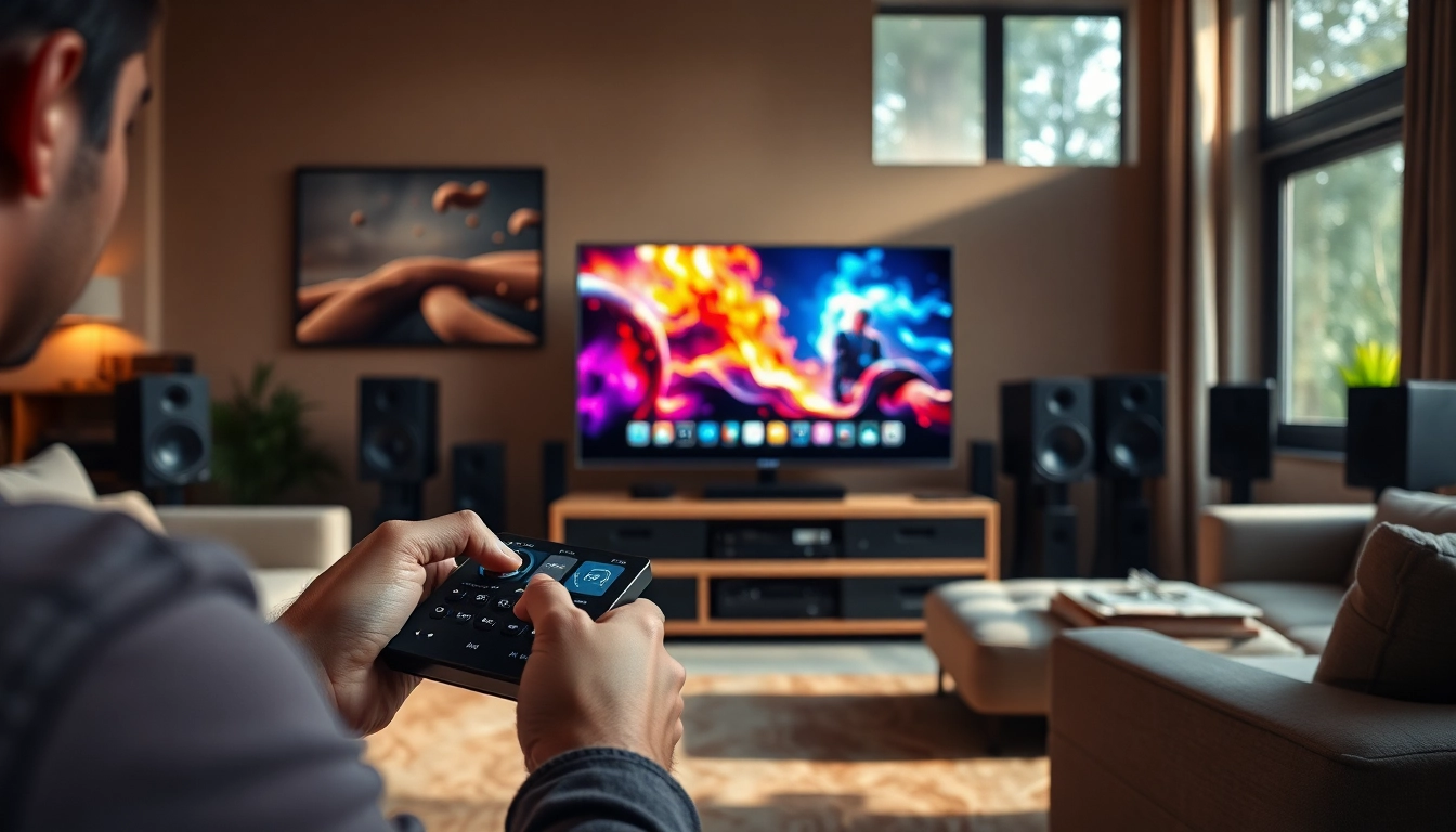 Engaging setup displaying iron tv pro on a sleek entertainment system with modern audio equipment.