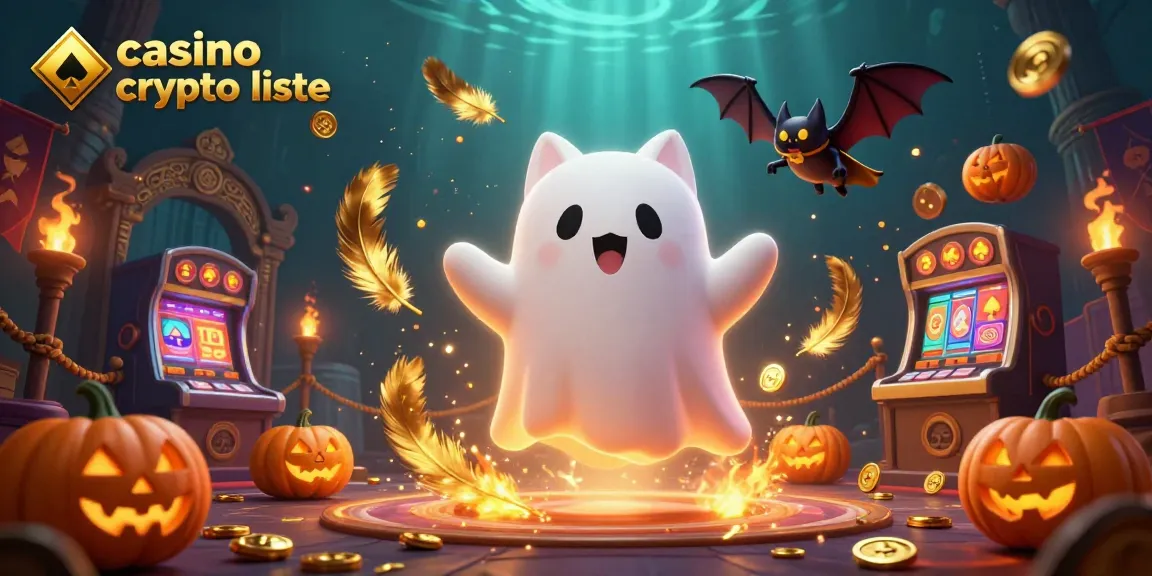 Illustration dynamique mettant en avant la liste des casinos crypto avec un chat fantôme et une chauve-souris