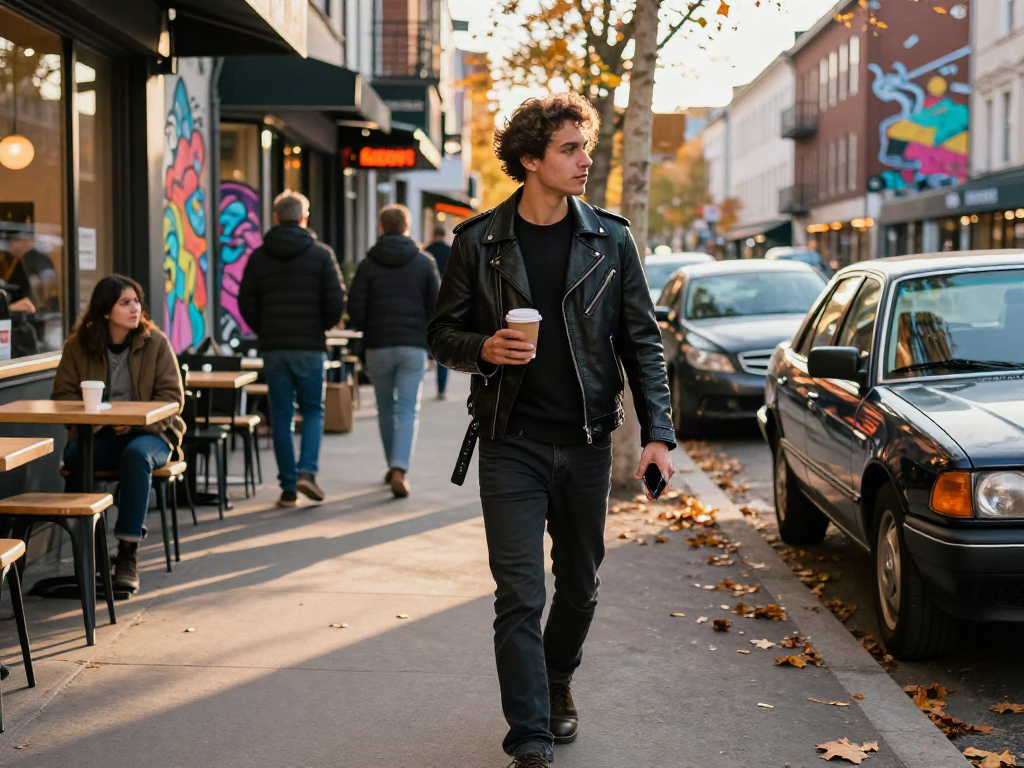 Stylish young man in a men's leather jacket walking in the city, capturing urban fashion.
